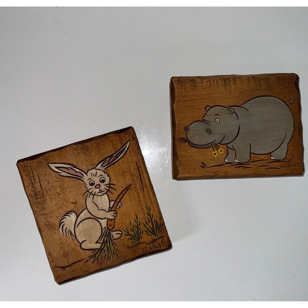 Vintage Elaine Signed Engraved and Painted Wood Art Plaques Bunny Hippo Set 2